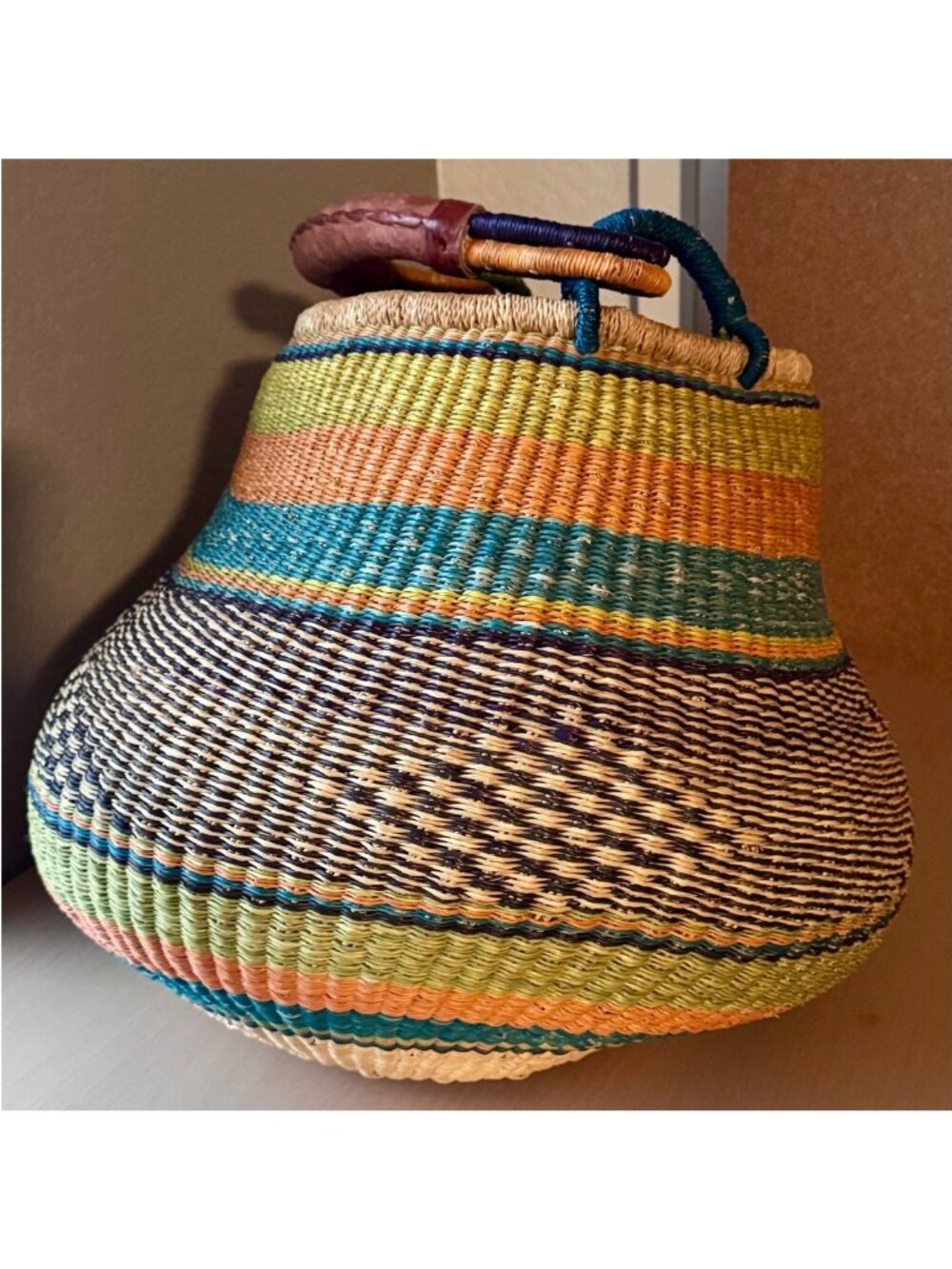 Colorful Woven Bolga Market Basket Leather Handle - Picture 5 of 10